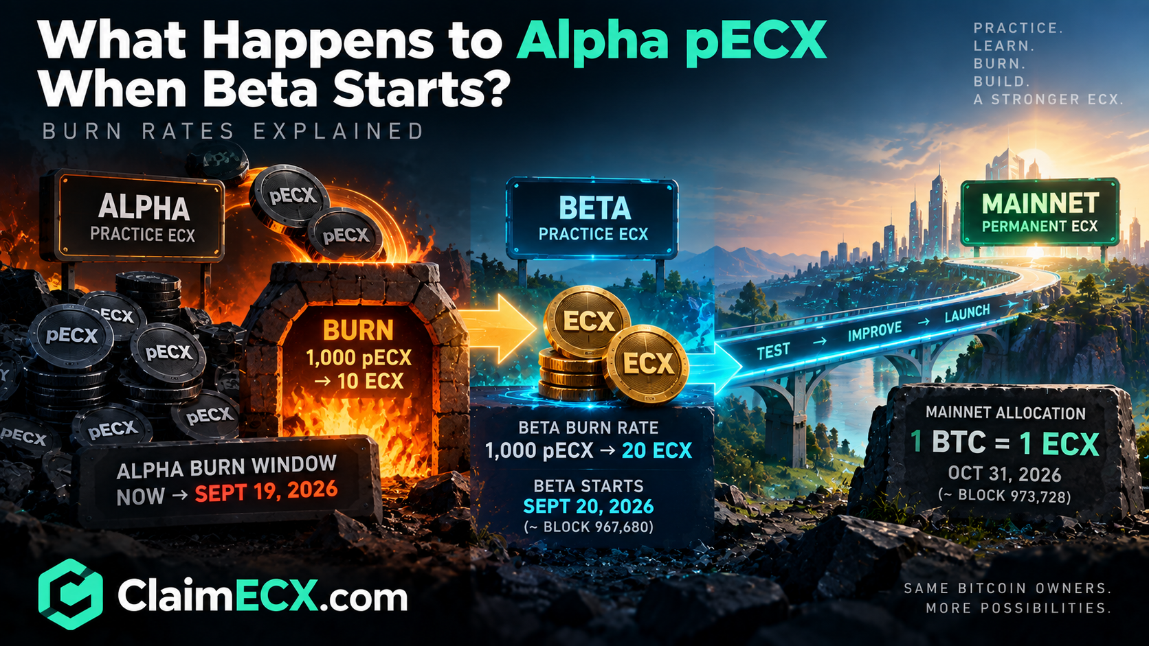 Alpha pECX, Beta pECX and Mainnet ECX burn rates with stage deadlines