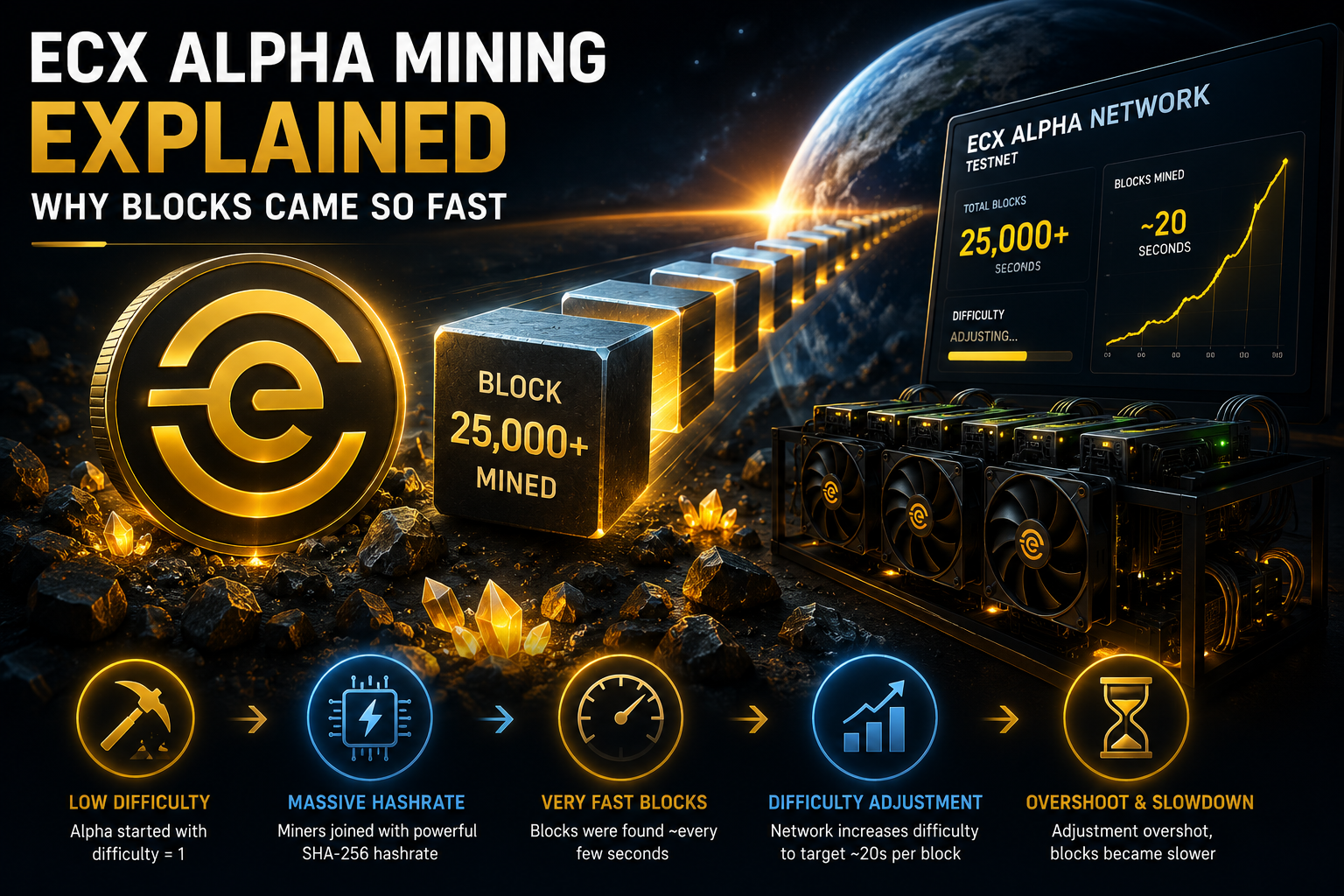 ECX Alpha Mining Explained - Why Blocks Came So Fast ECX Alpha mining and difficulty adjustment showing fast early blocks from low starting difficulty