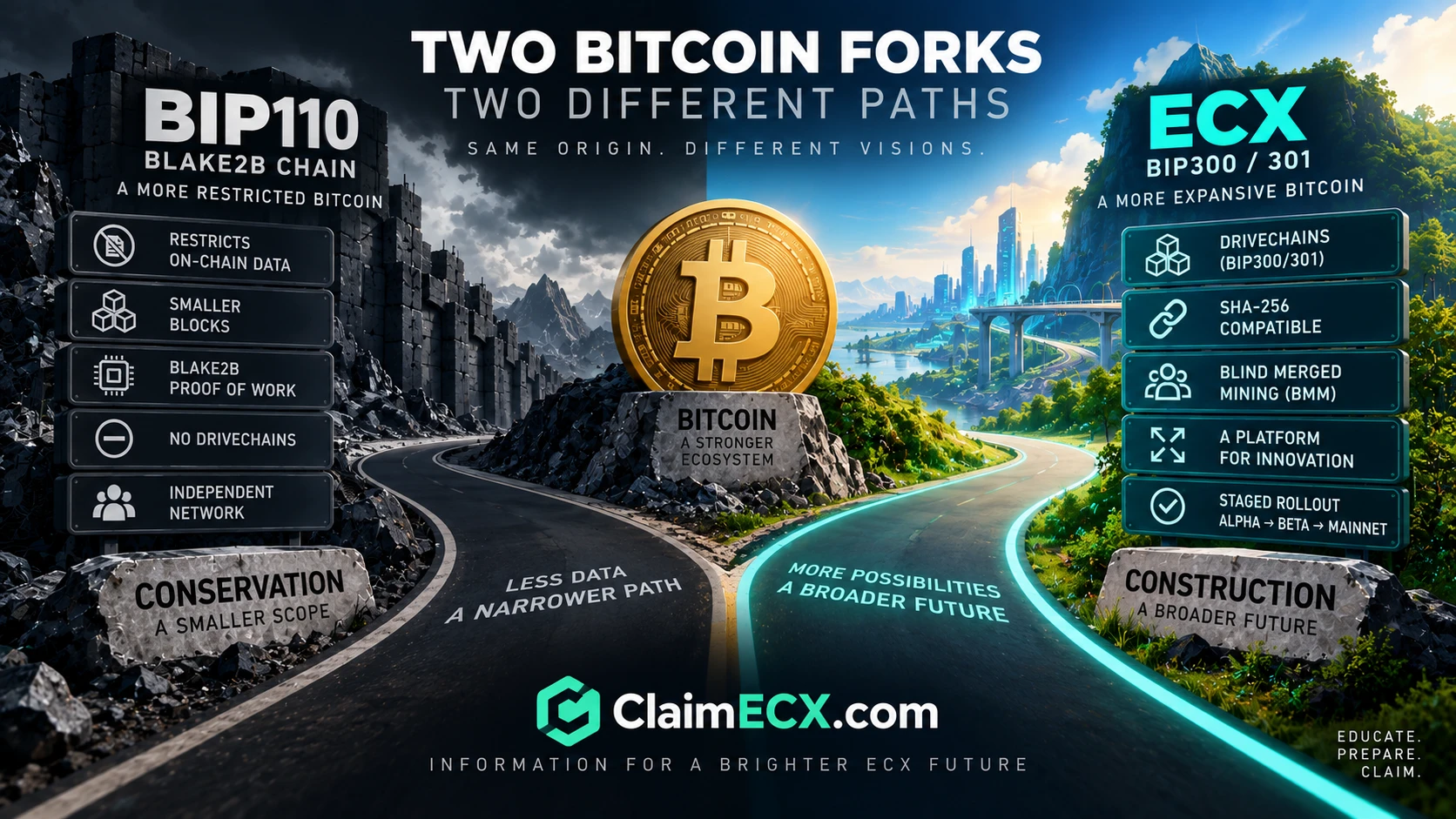 ECX and BIP110 taking opposite technical paths from Bitcoin toward BIP300 drivechains and Blake2b mining